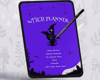 Könnte beinhalten: Ein lilafarbener digitaler Planer mit einer Hexe-Silhouette und dem Text "Witch Planner" auf dem Bildschirm. Der Planer enthält Abschnitte für die tägliche Routine, besondere Momente, besondere Pläne, den täglichen Kalender und "Let's Have Some Fun!" Der Bildschirm wird von einem Stift berührt.