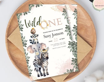 EDITABLE Safari Birthday Invitation, Wild One 1st Birthday Invite, Gold Jungle Animals invitations, Printable template Instant Download