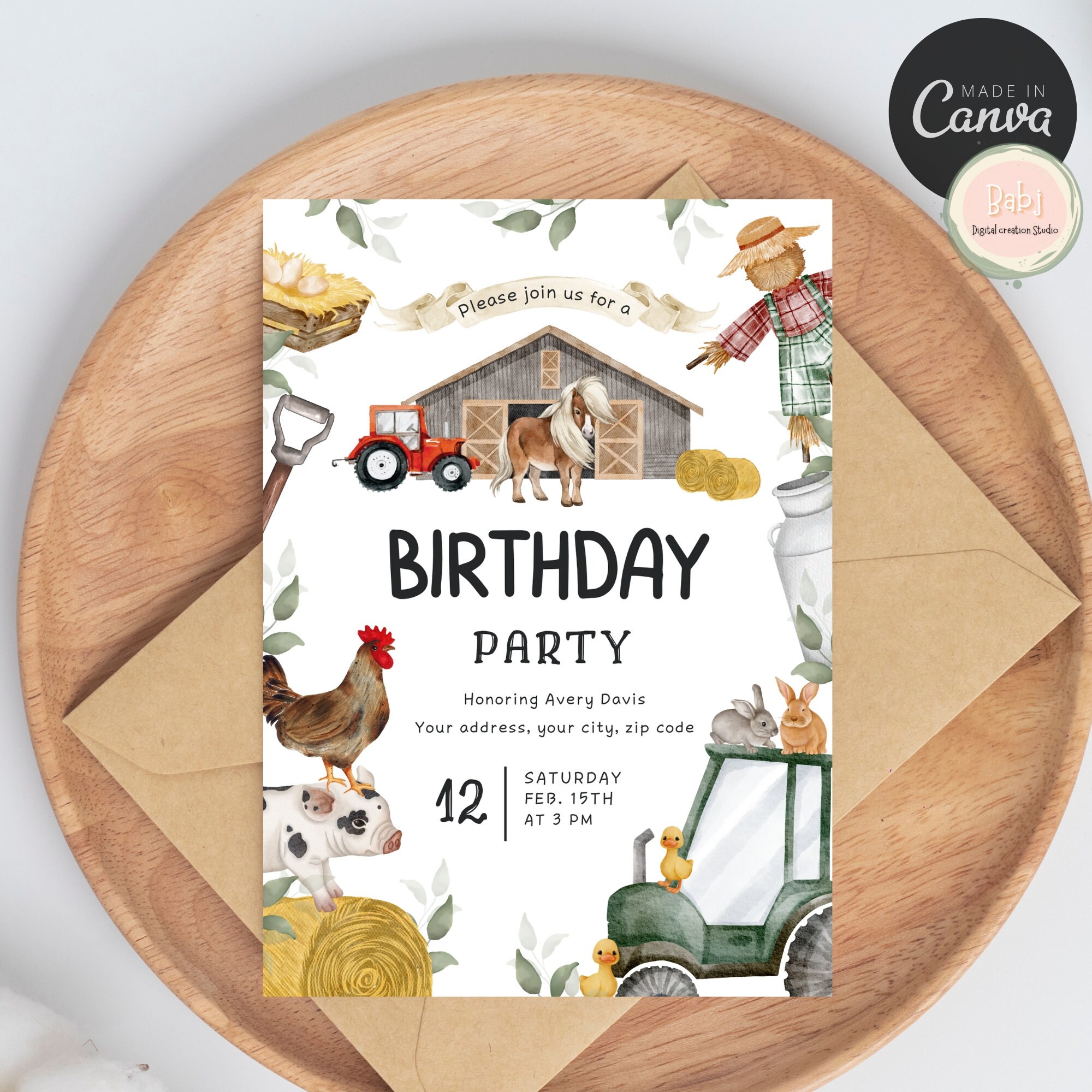 EDITABLE Farm Birthday Invitation, Barn Animals Party Invite Template ...