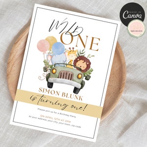 Wild One Birthday Boy Invitation, EDITABLE Safari Animals Party Invite Template, Jungle Safari Theme First Birthday, Instant Download
