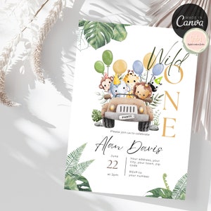 Wild One Birthday Boy Invitation, EDITABLE Safari Animals Party Invite Template, Jungle Safari Theme First Birthday, Instant Download image 7