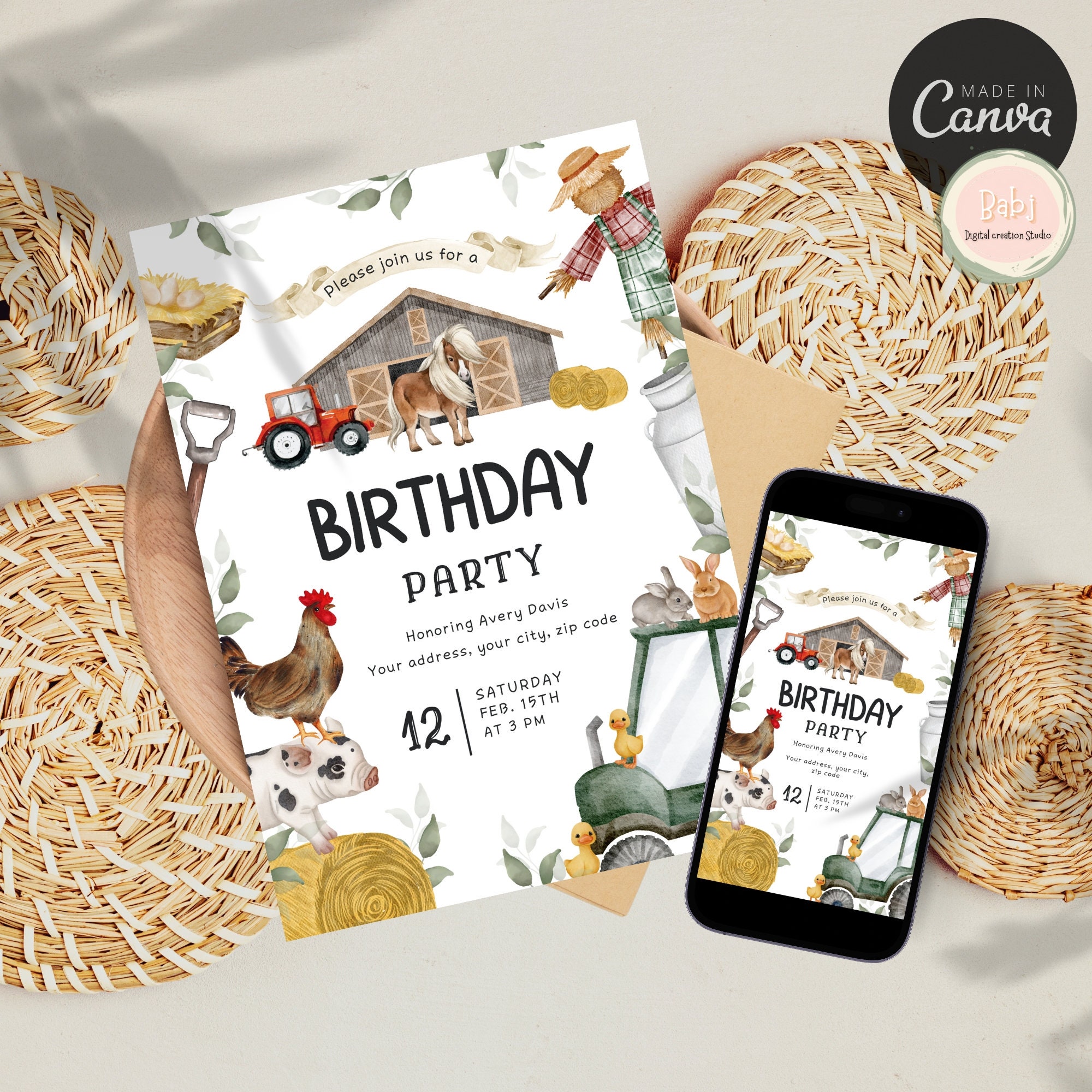 EDITABLE Farm Birthday Invitation, Barn Animals Party Invite Template ...