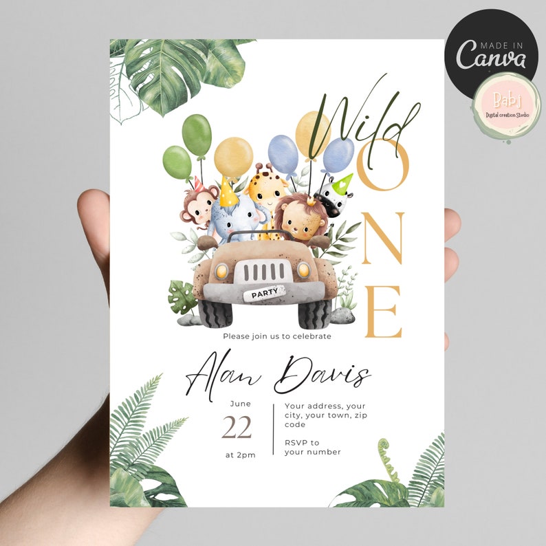 Wild One Birthday Boy Invitation, EDITABLE Safari Animals Party Invite Template, Jungle Safari Theme First Birthday, Instant Download