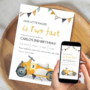 Editable TWO Fast Birthday Invitation Race Car 2nd Birthday Invite Racing Car Vintage Racecar Printable Template Instant Download