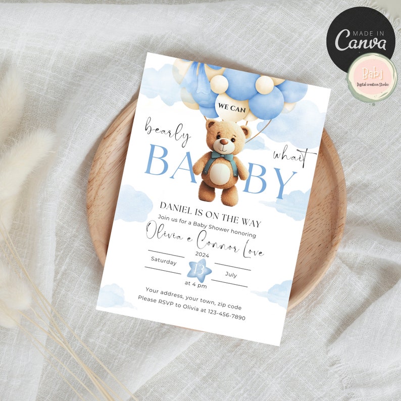 Editable Teddy Bear Hot Air Balloon Bear Theme Baby Shower Invitation We Can Bearly Wait Invites