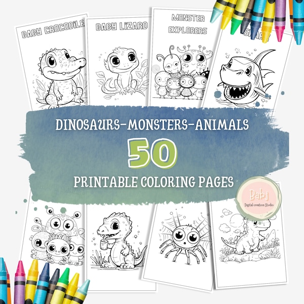 50 pagine da colorare per bambini - Kit di pagine da colorare stampabili per bambini - bambini in età prescolare - Dinosauri - Mostri - Animali Libro da colorare