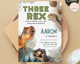 Dinosaur birthday invitation, Editable Three Rex Invitation Boy, Three rex birthday, three rex invite Printable Template Instant download