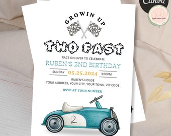 Editable TWO Fast Birthday Invitation Race Car 2nd Birthday Invite Racing Car Vintage Racecar Printable Template Instant Download