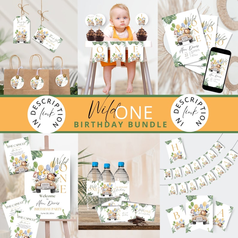 Wild One Birthday Bundle, Wild One Birthday Boy Invitation, EDITABLE Safari Animals Party Bundle, Boy Invite Template, Jungle Safari Theme First Birthday, Instant Download