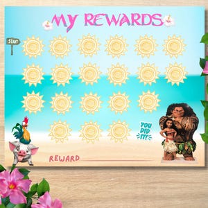 Puede incluir: Un colorido cuadro de recompensas con personajes de una popular película animada. El cuadro tiene un fondo azul y arena con espacios de recompensa en forma de sol. El texto incluye "My Rewards", "Start", "Reward" y "You Did It!"