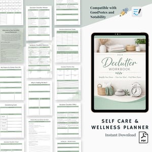 May include: A digital self-care and wellness planner with a green and white design. The planner includes checklists, goal trackers, and a decluttering workbook. The text on the tablet reads "Declutter Workbook" and "Self Care & Wellness Planner."