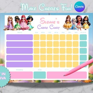 Disney Princess Editable Chore Chart | Canva Template | Printable Reward Chart for Girls | Instant Download
