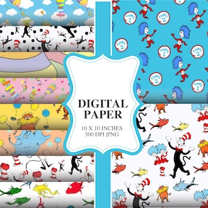 May include: Digital paper pack featuring colorful patterns with characters and elements from a children's book. The designs include the Cat in the Hat, Thing 1 and Thing 2, and other whimsical illustrations. Each sheet is 10 x 10 inches.
