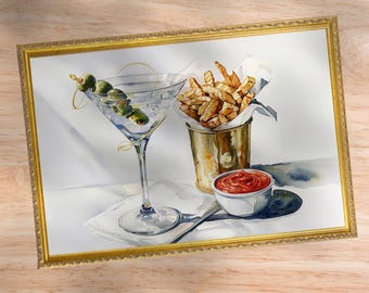 Martini and French Fries Digital Print – Retro Cocktail Wall Art, Fun Food & Drink Printable, Bar Kitchen Decor, Quirky Gallery Art