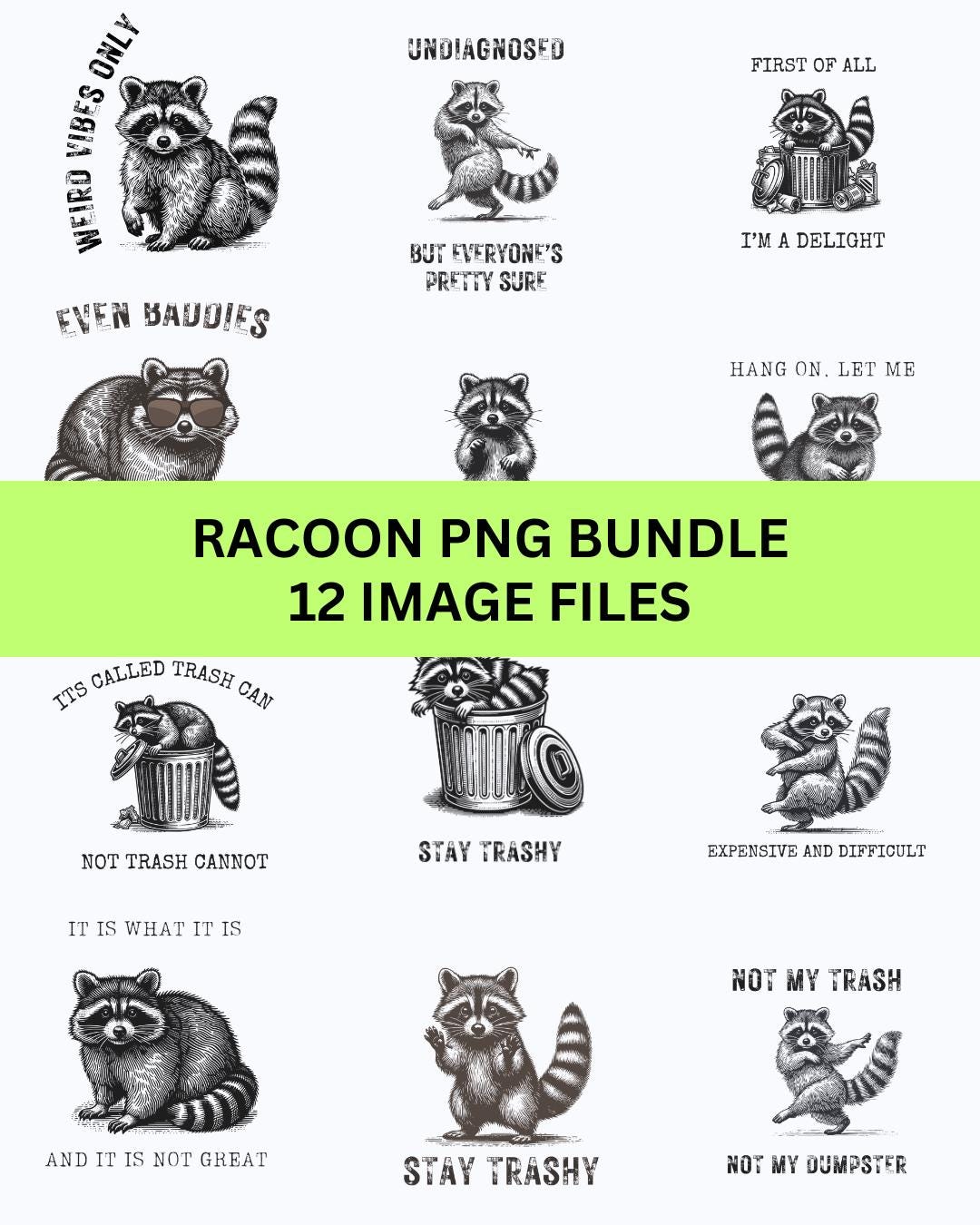 Funny Raccoon PNG Bundle | Cute Trash Panda Clipart | Digital Download