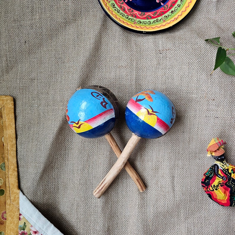 2 Maracas Handmade Hand Painted Vintage Maraca Pair Tribal Instrument Shakers Etsy