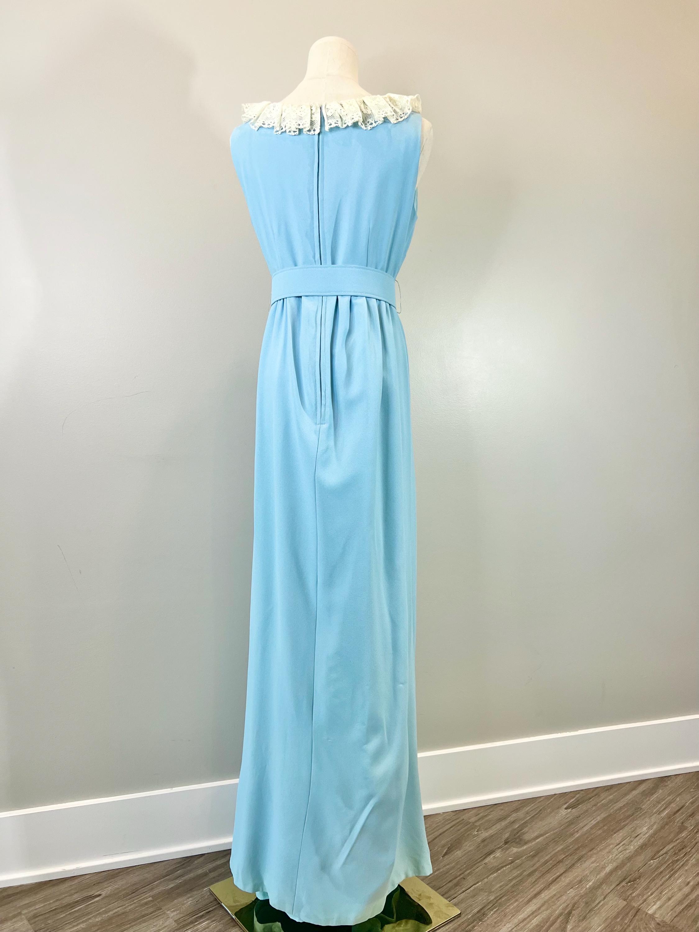 Small 1960s Dress Modest Casual Ruffle Sleeve Blue Maxi