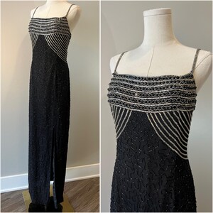 Vintage 1990s Silk Beaded Dress Evening Maxi Black Silver Formal Elegant Scala Women’s Size Medium Large