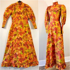 Vintage 1970s Sparkly Floral Dress Hawaiian Colorful Flower Power Pattern Tropical Retro Style Women’s Size Large
