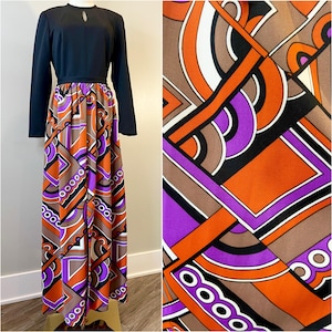 Vintage 1970s Geometric Maxi Dress Op Art Groovy Colorful 60s 70s Mod Retro Women’s Size Small