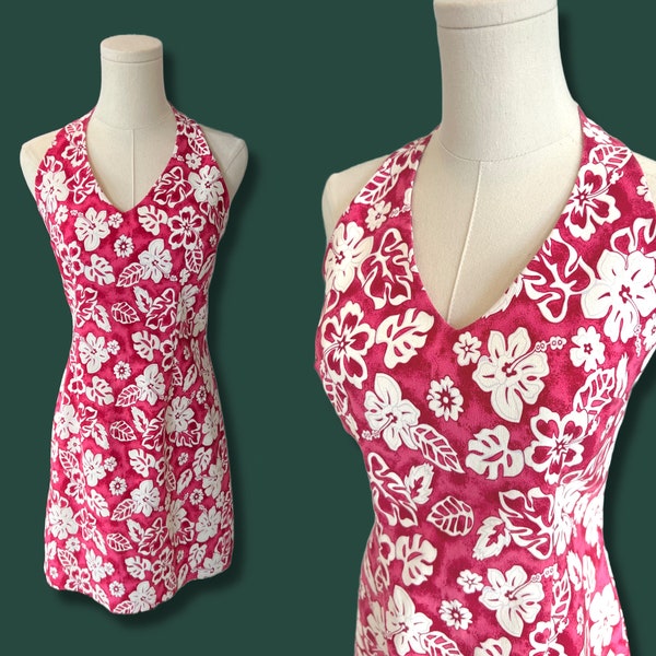 Vintage Hawaiian Dress 1960s 60s Halter Style Neck Pink White Floral Vacation