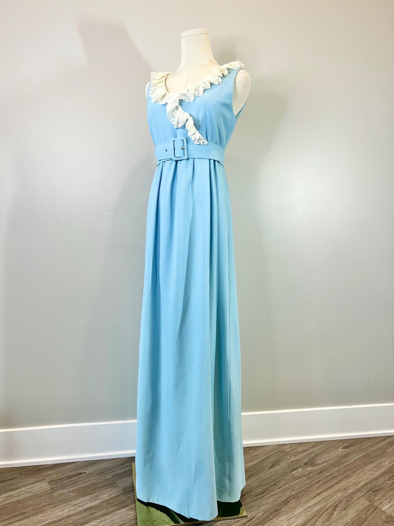 60's Blue Lace Ruffled Maxi Shirt Dress