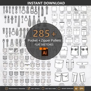 Fashion Pocket & Zipper Pullers for Tech Pack, Fashion Trims Illustration, Clothing Techpack Drawing AI EPS