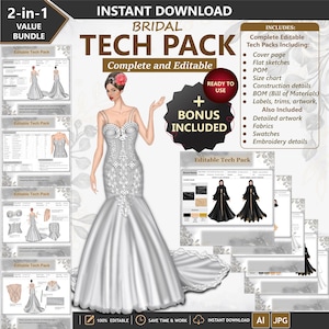 Scheda tecnica dell'abito da sposa - Abito a sirena e corsetto, scheda tecnica del capo pronta per la produzione/modificabile (AI + JPG)