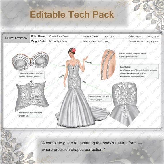 Bridal Gown Tech Pack Template - Mermaid & Corset Dress | Editable Garment Specification Sheet (AI + JPG)