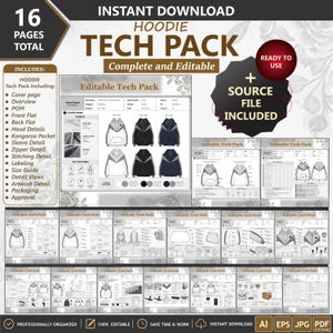 Hoodie Windbreaker Tech Pack Template, Production-Ready Spec Sheet, Fashion Flat Sketch, Clothing Manufacturing File