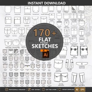 May include: A digital collection of over 170 black and white line art pocket sketches for fashion design. The image features various pocket styles including patch, cargo, flap, and pleated designs, with the text 170+ FLAT POCKET SKETCHES.