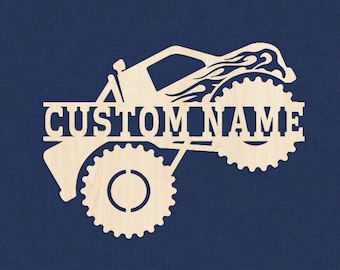 Monster Truck Custom Name Sign,Personalized Fire Flame Off Road Vehicle Wooden Kids Name Sign,Nursery Wall Art,kids christmas gift,truck art