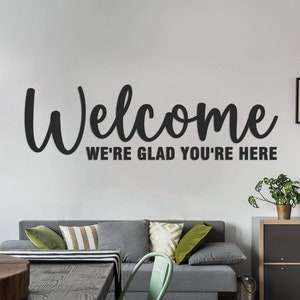 Bienvenidos, nos alegra mucho que estés aquí, arte de pared de madera, entrada de iglesia, letrero de bienvenida para oficina, negocio, tienda, empresa, decoración de vestíbulo de entrada.