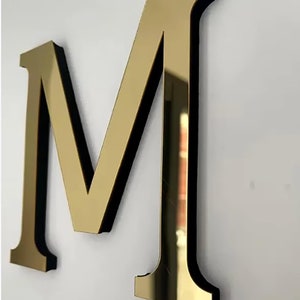 Letrero acrílico grande con espejo, letras acrílicas doradas con espejo, letrero con nombre cortado con láser para oficina, letras acrílicas para pared, letrero comercial, texto para boda.