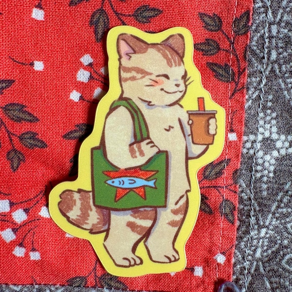Coffee Cat Sticker | Cute Cat Sticker | Tote Bag Cat Sticker | Waterproof Vinyl Sticker for Computer, Water Bottle, Hydroflask
