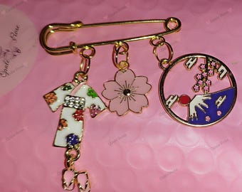 Brosche im japanischen Stil – Kimono-Sakura und Berg Fuji