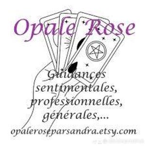 K&ouml;nnte beinhalten: Schwarz-Wei&szlig;-Strichzeichnung einer Hand, die ein gef&auml;chertes Tarotkartenspiel h&auml;lt. Die Karten sind wei&szlig; mit schwarzen Strichen. Der Text "Opale Rose" steht in lila Schrift &uuml;ber den Karten. Franz&ouml;sischer Text und eine Webadresse stehen darunter.