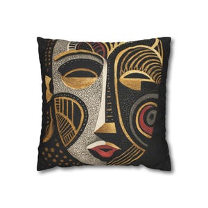 African Mask Pillow Cover, Tribal Art Cushion, Black Gold Ethnic Decor, Abstract Face Pillow, Boho Luxury Home Accent image 6