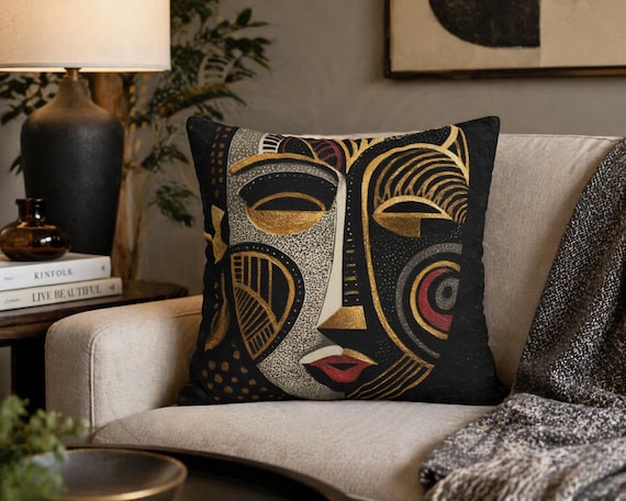 African Mask Pillow Cover, Tribal Art Cushion, Black Gold Ethnic Decor, Abstract Face Pillow, Boho Luxury Home Accent