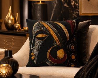 African Woman Pillow, Black Gold Tribal Cushion, Afrocentric Home Decor, Ethnic Art Throw Pillow