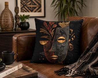 African Tribal Throw Pillow, Modern Ethnic Cushion, Abstract Mask Pillow, Black Gold Decorative Pillow, Afro Boho Home Decor
