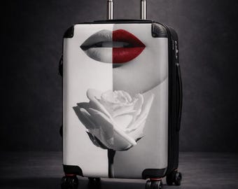 Designer Suitcase Lips Rose, Fashion Travel Luggage, Black White Red Carry On, Stylish Hard Shell Suitcase, Chic Travel Bag