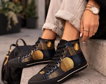 Geometric High Top Sneakers Women, Gold Blue Pattern Shoes, Abstract Luxury Sneakers, Modern Streetwear Shoes