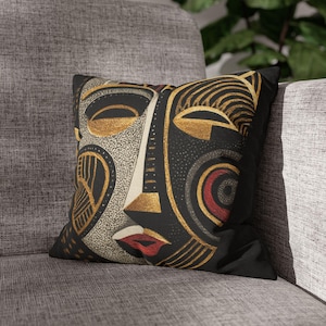 African Mask Pillow Cover, Tribal Art Cushion, Black Gold Ethnic Decor, Abstract Face Pillow, Boho Luxury Home Accent image 2