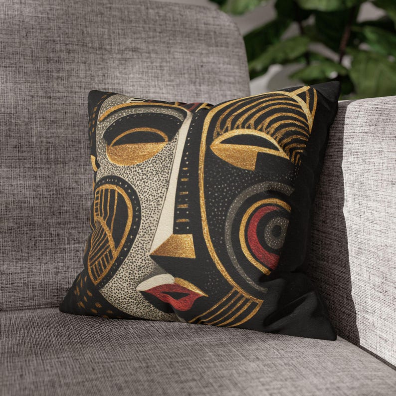 African Mask Pillow Cover, Tribal Art Cushion, Black Gold Ethnic Decor, Abstract Face Pillow, Boho Luxury Home Accent image 2