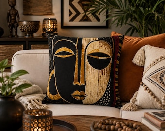 African Tribal Mask Throw Pillow, Boho African Cushion Cover, Ethnic Home Decor, Afro Modern Decorative Pillow, Living Room Accent