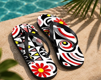 Chanclas geométricas retro, sandalias modernas de mediados de siglo, sandalias de playa coloridas para el verano, chanclas de arte pop, calzado abstracto para vacaciones, regalo para ella