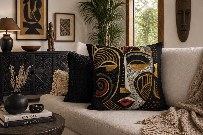 May include: Decorative throw pillows with an African mask design. The pillows feature a black background with gold, red, and white accents. The pillows are on a beige sofa with a woven throw blanket.