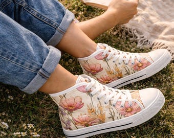 Floral High Top Sneakers Women, Pink Flower Canvas Shoes, Botanical Pattern Sneakers, Casual Spring Summer Shoes