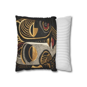 African Mask Pillow Cover, Tribal Art Cushion, Black Gold Ethnic Decor, Abstract Face Pillow, Boho Luxury Home Accent image 7